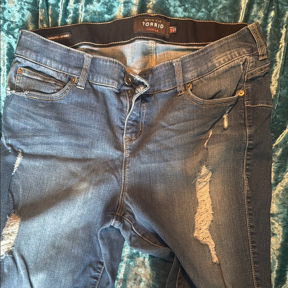 Torrid Blue Skinny Jeans with Distressed Details